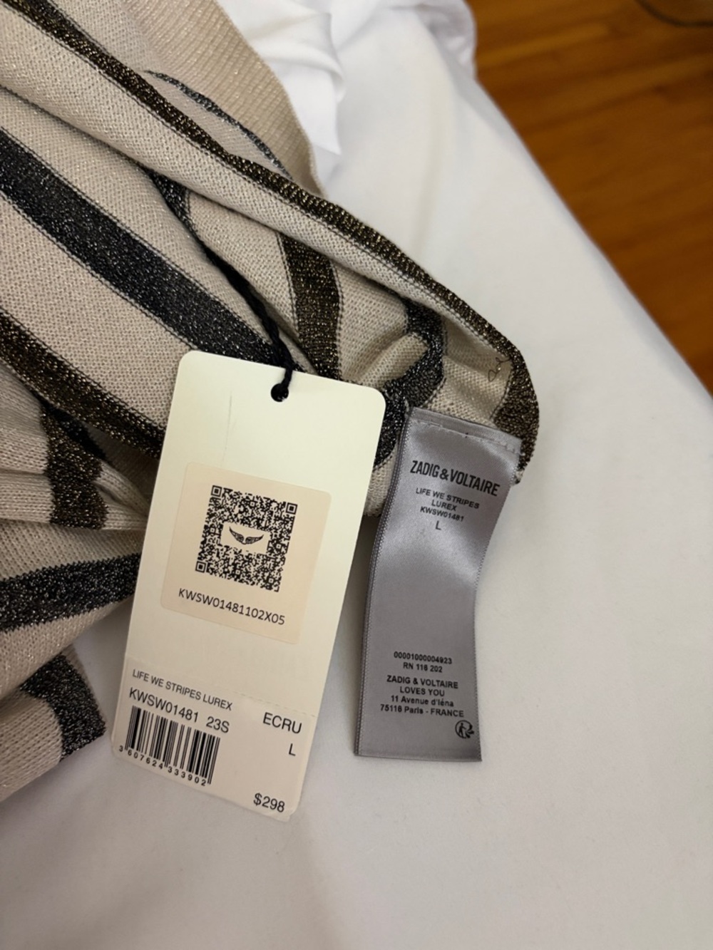 NWT Zadig & Voltaire Cream and Brown Striped Crewneck Sweater - Picture 7 of 7